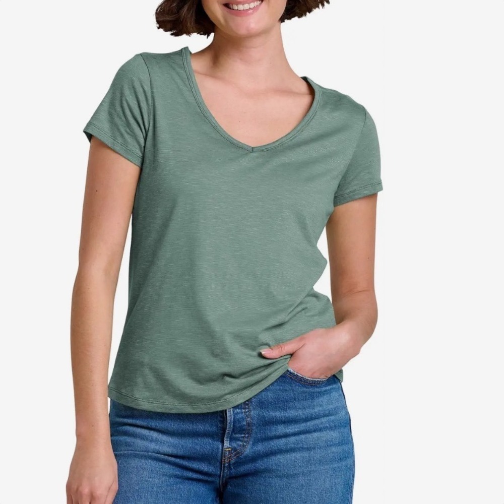 Toad&Co Womens Medium Green Organic Cotton Tencel V-Neck Short Sleeve T-Shirt